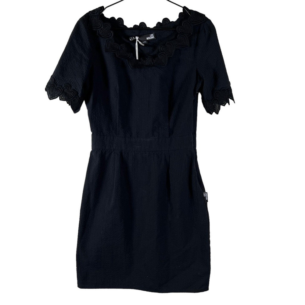 NEW Love Moschino Womens Sheath Dress Black Applique Hearts Knee Length LBD 6